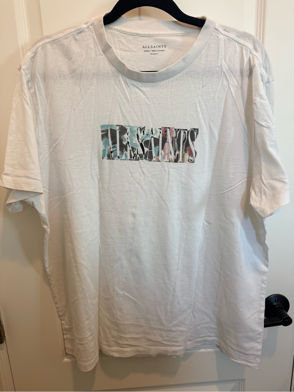 AllSaints White Short-Sleeve Logo Tee with Multicolor Print